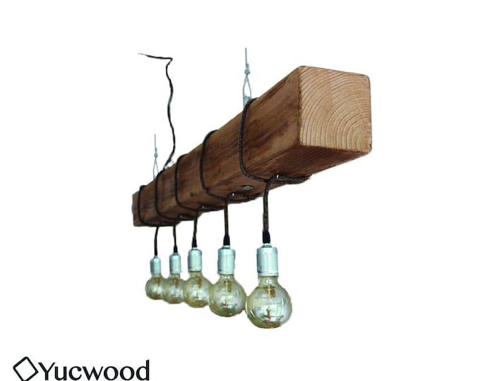 Wooden beam with upholstered cord and light sources, Wooden beam lighting, "Douglas One", Industrial wooden hanging lamp