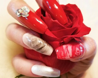 Red and pink blooming rose Press On Nails