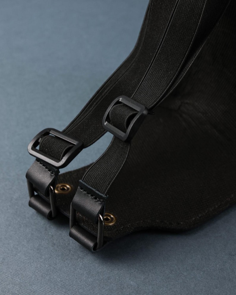 Peut inclure: Gros plan sur un sac en toile noir avec des bretelles r&eacute;glables. Les bretelles sont munies de boucles noires et sont fix&eacute;es par des rivets m&eacute;talliques.