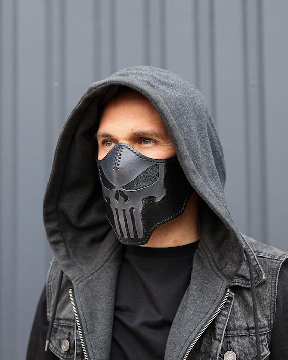 Leather Motocycle Shield Mask With Skull. Cafe Racer Face Cover Mask. Bobber Dust Mask. Biker Not Medical Mask