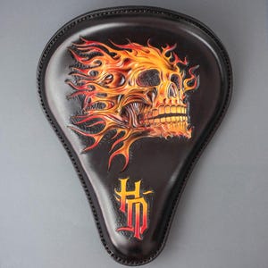 Solo Seat Bobber, Motorcycle Seat With Skull Of Fire Carving On Leather, Seat Chopper Handmade