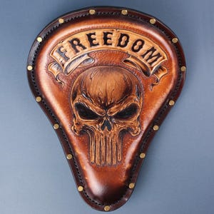Solo Seat Bobber, Motorcycle Seat With Skull Carving On Leather, Seat Chopper Handmade