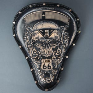 Solo Seat Bobber, Motorcycle Seat With Route 66 Carving On Leather, Seat Chopper Handmade