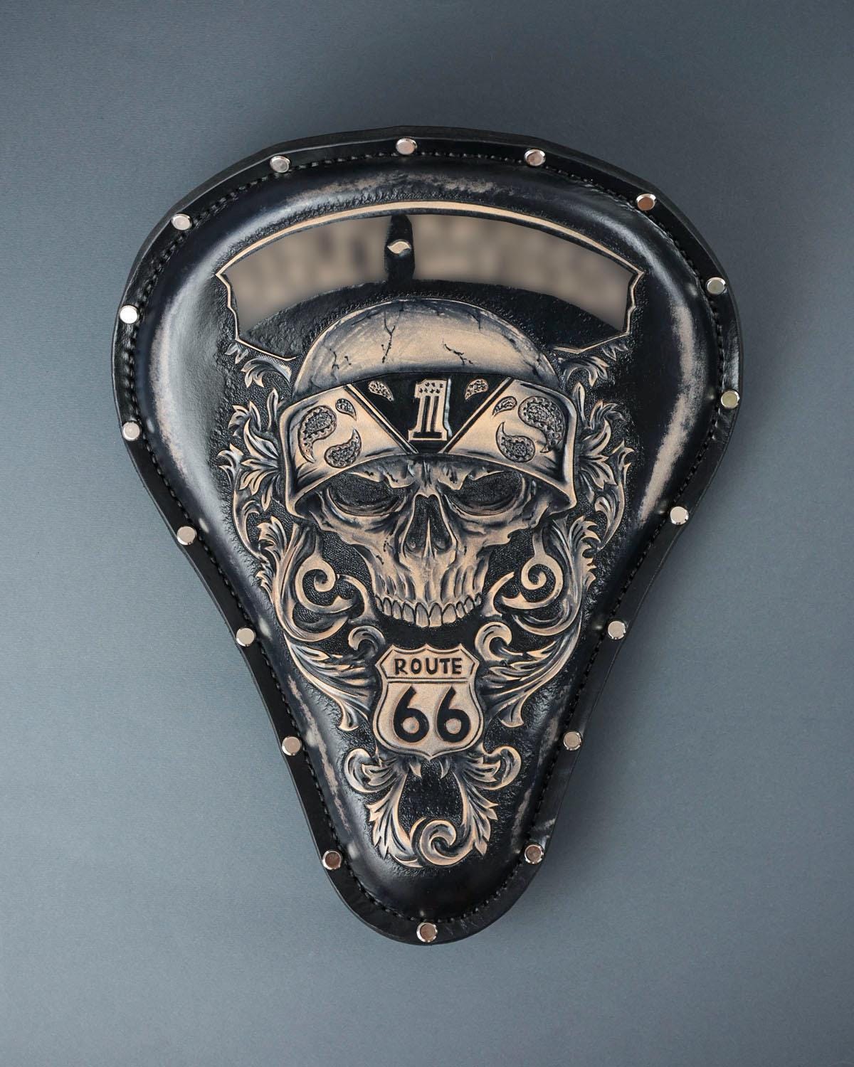 Solo Seat Bobber, Motorcycle Seat With Route 66 Carving on Leather