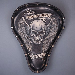 Solo Seat Bobber, Motorcycle Seat With Skull Carving On Leather, Seat Chopper Handmade
