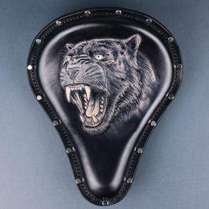 Solo Seat Bobber, Motorcycle Seat With Panther Carving On Leather, Seat Chopper Handmade