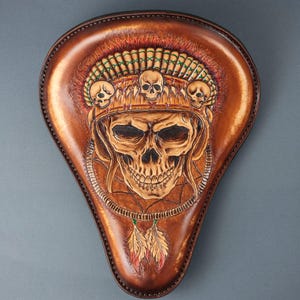 Solo Seat Bobber, Motorcycle Seat With Indian Scull Carving On Leather, Seat Chopper Handmade
