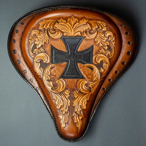 Solo Seat Bobber, Motorcycle Seat With Cross Carving On Leather, Seat Chopper Handmade
