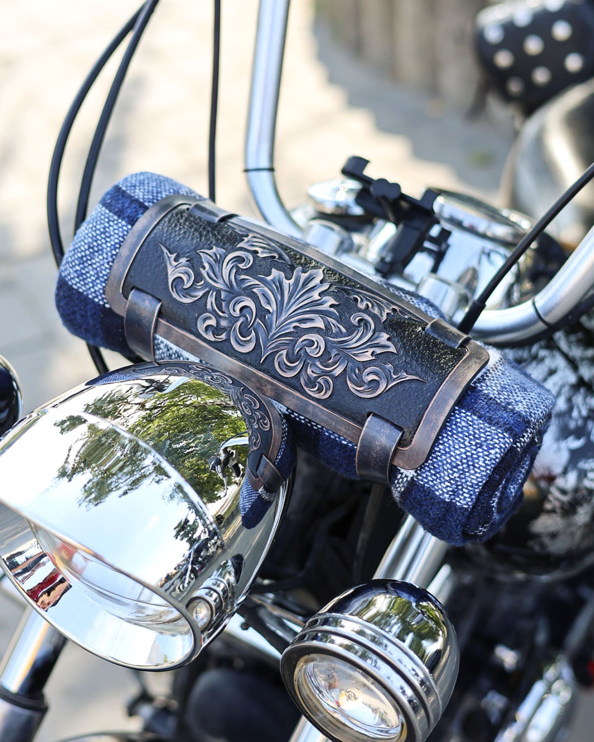 Handmade Leather Blanket Harness With Floral Ornament Carving On Leather, Motorcycle Blanket Holder
