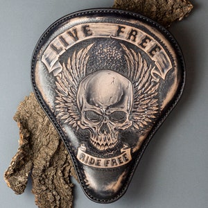 Solo Seat Bobber, Motorcycle Seat With Skull Carving On Leather, Seat Chopper Handmade