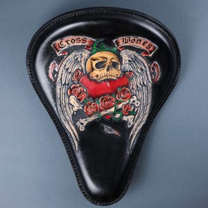 Solo Seat Bobber, Motorcycle Seat With Bones And Roses Carving On Leather, Seat Chopper Handmade
