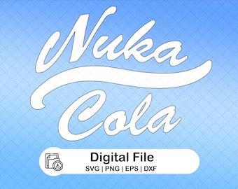 Może przedstawiać: Białe logo "Nuka Cola" na niebieskim tle z gradientem. Tekst jest w stylizowanej czcionce z zakrzywionym podkreśleniem. Poniżej logo znajduje się biały baner ze słowami "Digital File" i skrótami typów plików.