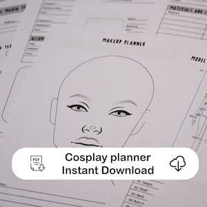 Könnte beinhalten: Ein druckbarer Cosplay-Planer mit einer Schwarzweißillustration eines Gesichts, einer Körpermaßtabelle und dem Text "Cosplay planner Instant Download".