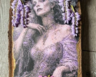 Lady Ashlilac Handmade Mixed Media on a  Wood Slab 11.5 x 7.5 x 1