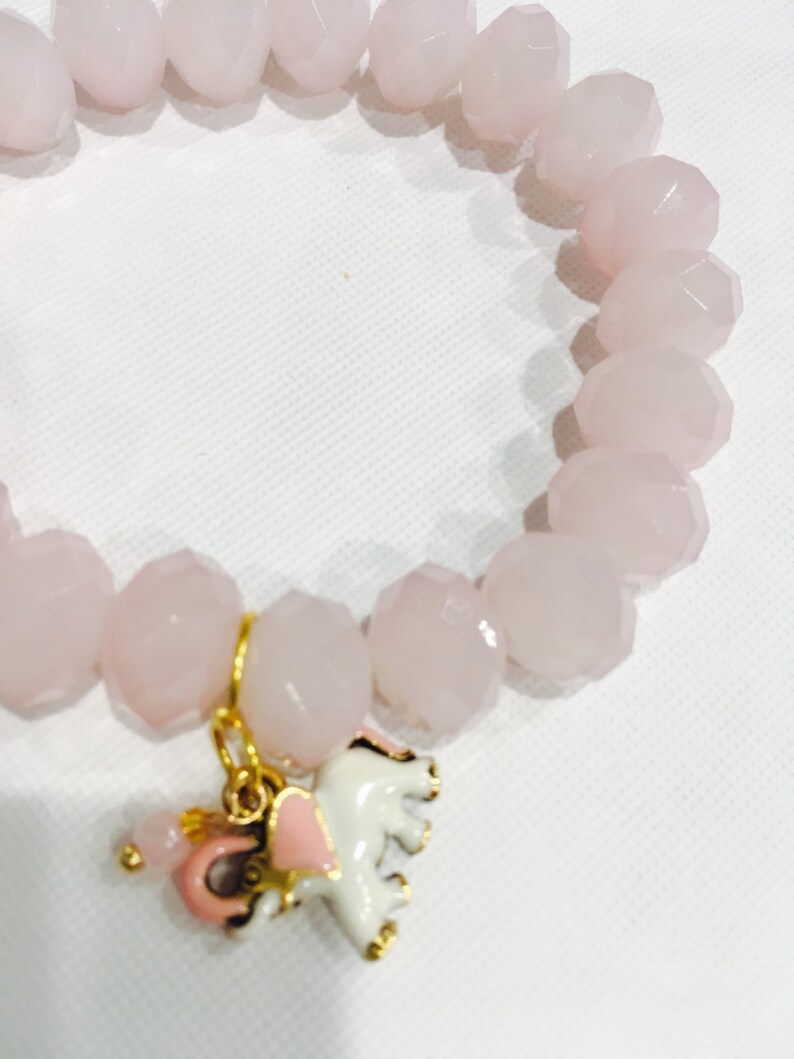 Stretch Glass Beaded Bracelet Pink with Enamel Elephant Charm for Girls Age 6-12 Free U.S.Shipping