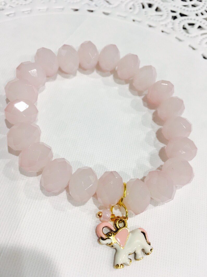 Stretch Glass Beaded Bracelet Pink with Enamel Elephant Charm for Girls Age 6-12 Free U.S.Shipping