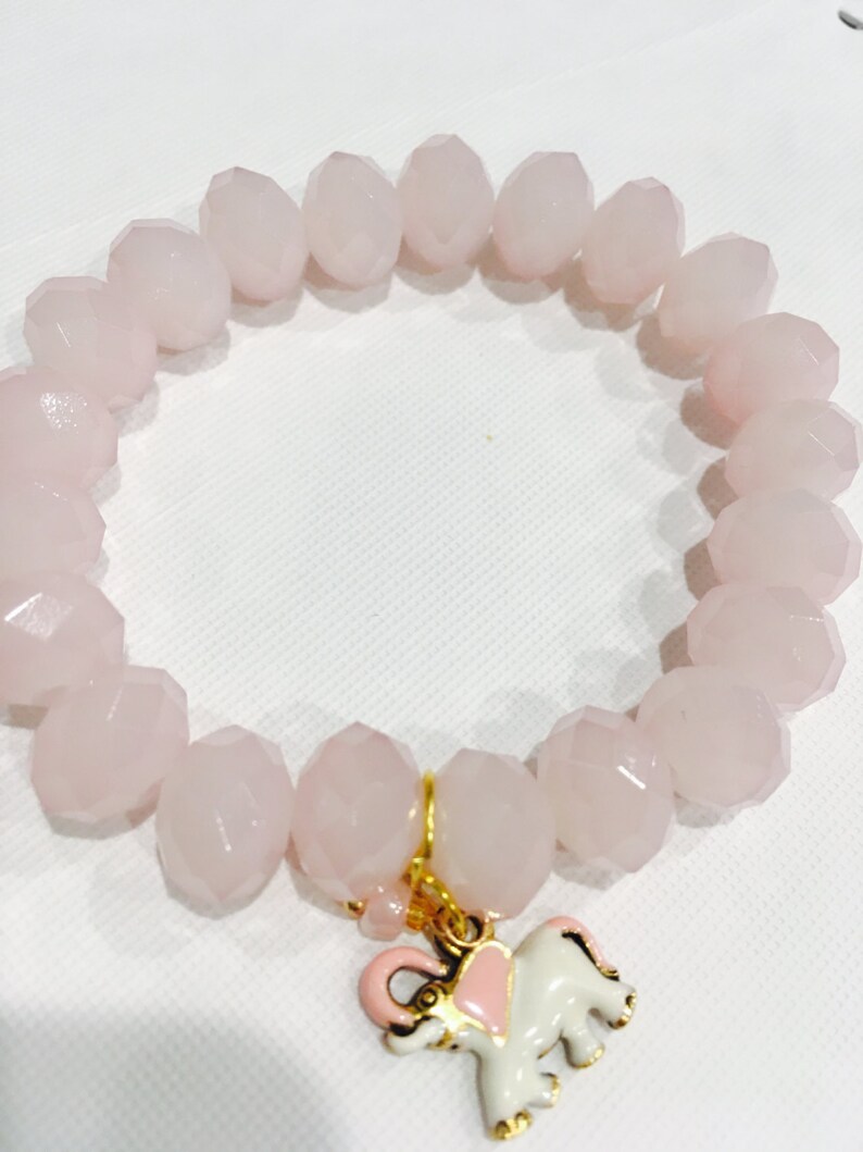 Stretch Glass Beaded Bracelet Pink with Enamel Elephant Charm for Girls Age 6-12 Free U.S.Shipping