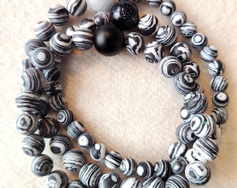 Handmade Malachite and Agate Beaded Bracelet Necklace – 12mm, 8mm, 4mm Beads