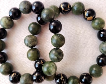 Couples Bracelets • Black Gold & Green Agate Gemstone Set (12mm Beads)