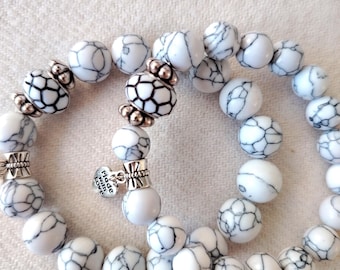 White Turquoise Couples Bracelet • Natural Gemstone Matching Set (12mm Beads)