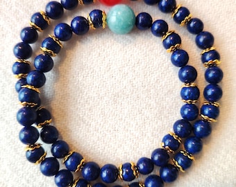 Handmade Lapis Lazuli, Red Agate, Aquamarine Double Wrap Bracelet (4-8 mm)