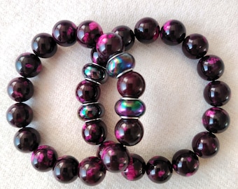 Handmade Purple-Red Agate Beaded Bracelet, 12mm Natural Stone, Couple's Jewelry