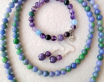Purple Agate Amethyst Jewelry Set, Long Necklace Bracelet Earrings, Natural Stone Beads