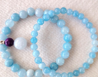 Natural Aquamarine Beaded Bracelet, 8-4mm Beads, 16.5cm Length, Handmade Jewelry