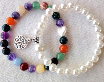 Handmade Stacked Bracelets: Mixed Natural Stones, Pearls, Tree Charm – Unisex