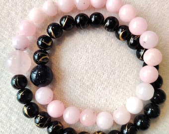 Layered Black Gold Agate Rose Quartz Bracelet, Handmade Energy Jewelry