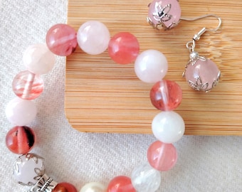 Natural Rose Quartz Watermelon Crystal Beaded Bracelet and Earrings Set