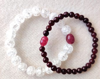 Clear Quartz Garnet Stacking Bracelet and Earrings set, Unisex Natural Stone Jewelry