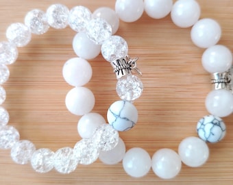 Handmade White Agate and Crackle Stone Beaded Bracelet (12-10 mm)  Spring Gift