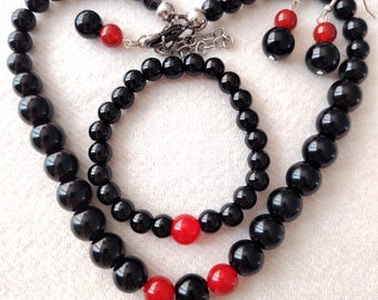 Handmade Obsidian Red Agate Beaded Jewelry Set (12mm Beads)