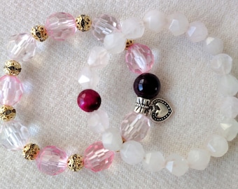 Handmade Pink Quartz and Purple Agate Stacked Bracelets (12mm Beads, 17cm)