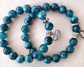 Handmade Blue Agate Beaded Bracelet, 10mm Natural Stone Stretchy Cord Jewelry