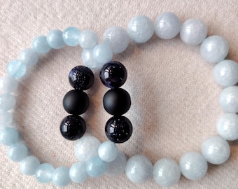 Natural Obsidian Aquamarine Beaded Bracelet (12mm-8mm) Handmade Couple Jewelry