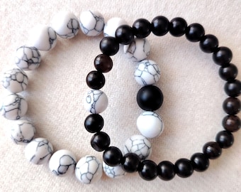 White Turquoise Sandalwood Beaded Bracelets, Unisex Stacking Set, Calming Energy Jewelry