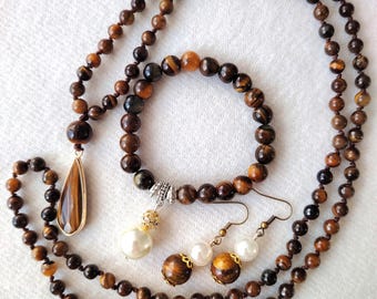 Handmade Tiger's Eye Beaded Necklace, Bracelet, Earrings Set (12mm Beads)