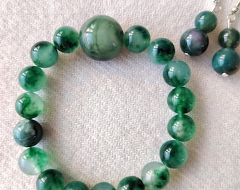 Handmade Green Agate Beaded Bracelet and Earrings Set (14-8mm Beads)