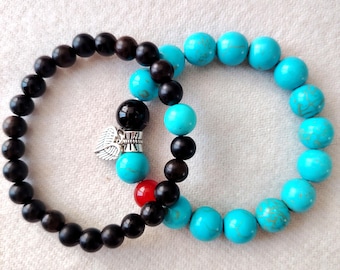 Handmade Turquoise Sandalwood Stacked Bracelet, Natural Stone Unisex Jewelry