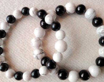 Handmade Black and White Agate Beaded Bracelets (10 -8 mm Beads) Couple bracelets