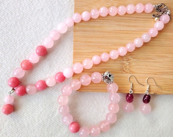 Handmade Rose Quartz and Rhodochrosite Jewelry Set: Necklace, Bracelet, Earrings