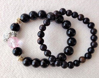 Black Obsidian Sandalwood Beaded Bracelet Set, Unisex Stacked Jewelry