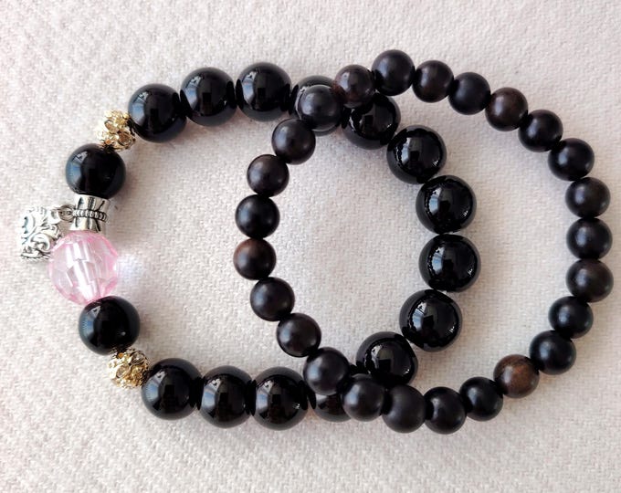 Featured listing image: Black Obsidian Sandalwood Beaded Bracelet Set, Unisex Stacked Jewelry