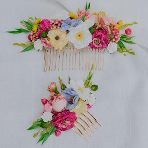 Colorful Wedding Hair Comb/Bridal Floral Hairpiece Pink Fuchsia Yellow Blue Flowers/Spring Garden Wedding Headpiece/Bride Hair Accessory