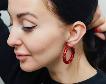 Crystal earrings  Red Hoop Earrings Shiny Marsala Red earrings  Red Crystal Jewelry Big Hoops Round earrings Thin Hoops