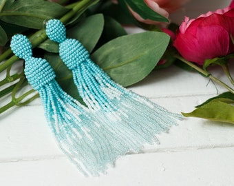 Turquoise ombre beaded Earrings tassel  Women earrings Silver Stud earrings Beadwork jewelry Dangle earrings