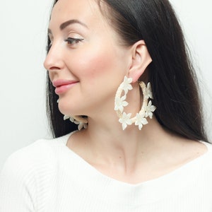 Acetate Bridal Flowers Ivory Crystal Lily Earrings Acrylic big Hoop earrings Wedding Ivory earrings Statement Earrings Earrings Ivory Button image 1