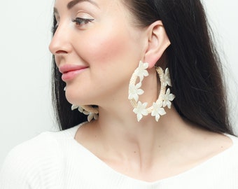 Acetate Bridal Flowers Ivory Crystal Lily Earrings Acrylic big Hoop earrings Wedding Ivory earrings Statement Earrings Earrings Ivory Button